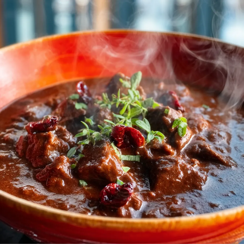 A steaming bowl of authentic German Goulash served with tender beef chunks and fresh herbs in a rustic setting.