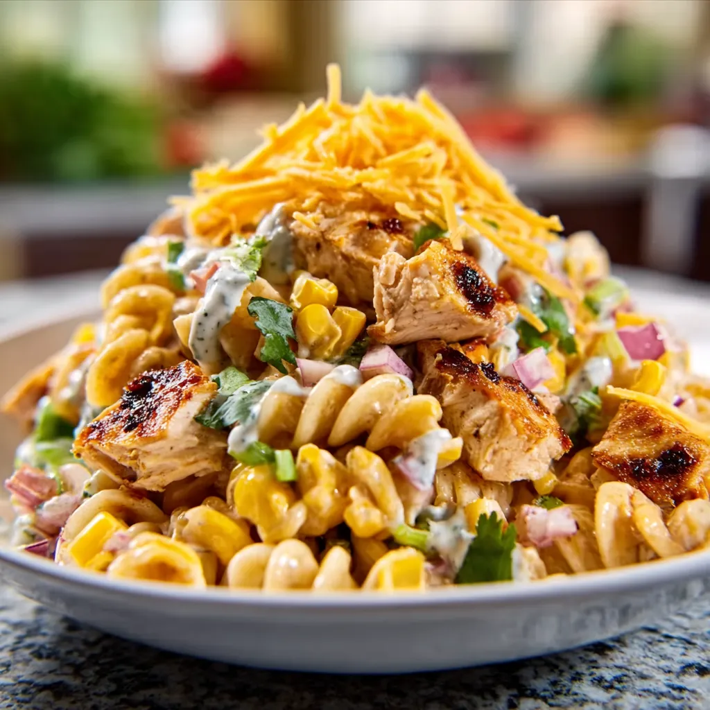 A vibrant bowl of BBQ Chicken Pasta Salad tossed with grilled chicken, sweet corn, black beans, and red onions makes a delicious featured meal.