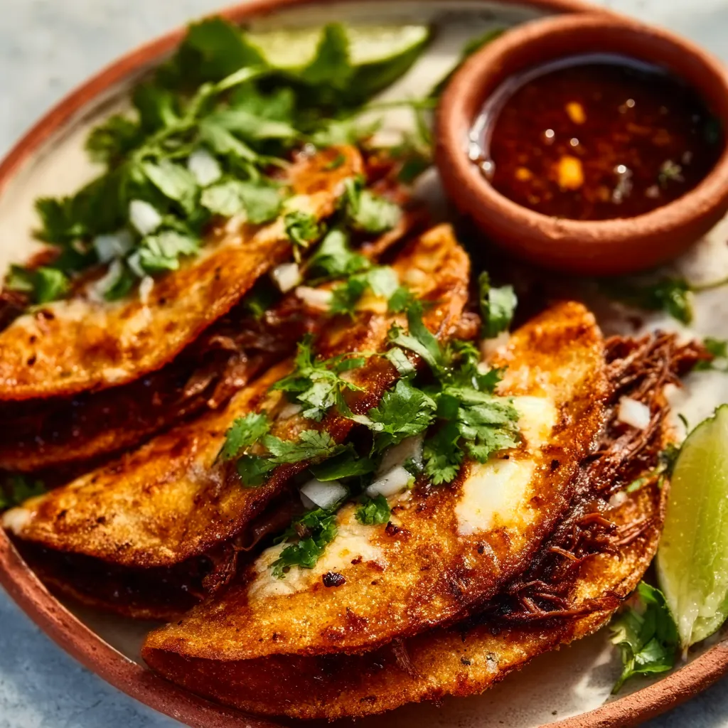 A close-up shot showcases delicious and juicy Birria Tacos, perfect for a mouthwatering meal.