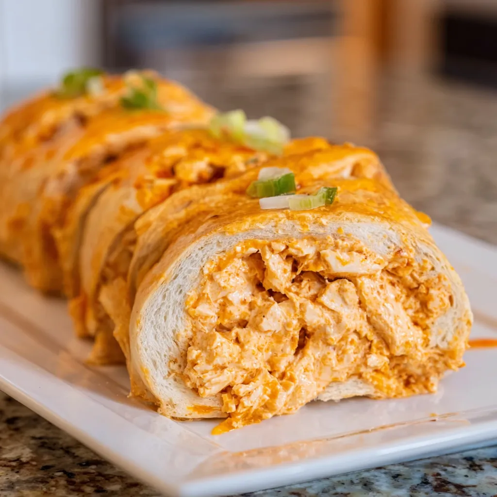 A delicious featured image of creamy and spicy Buffalo Chicken Dip Roll Ups baked until golden brown and served on a platter as the perfect party appetizer.