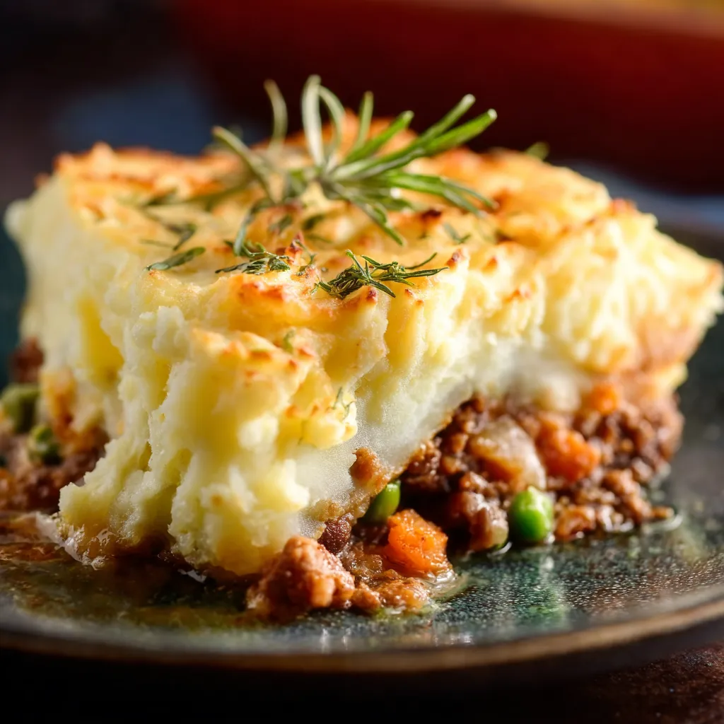 A steaming hot Shepherd’s Pie served in a rustic baking dish with a golden-brown mashed potato crust and fresh herb garnish.