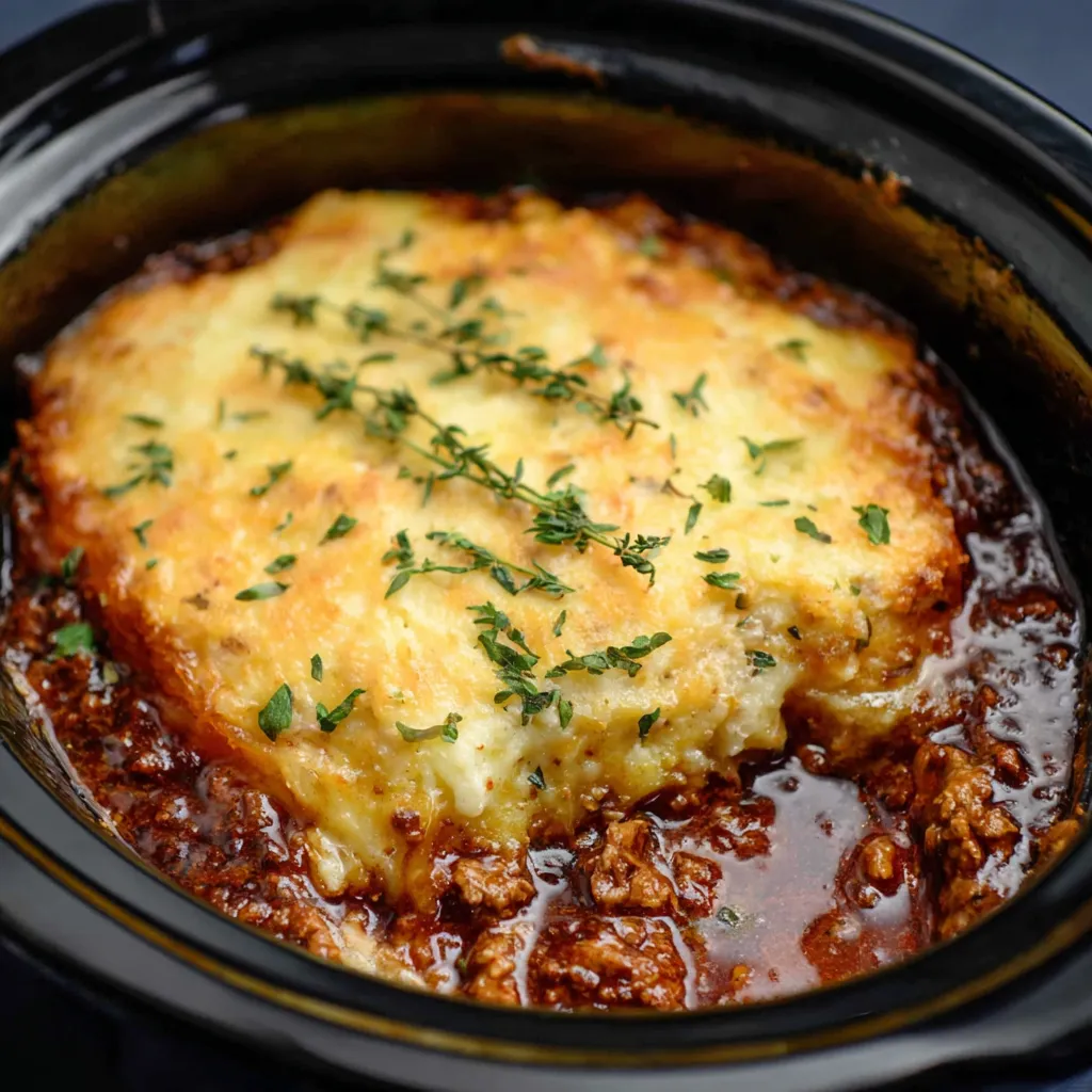 A savory Beef Shepherd's Pie with a golden-brown mashed potato crust and a rich meat and vegetable filling served in a white baking dish.