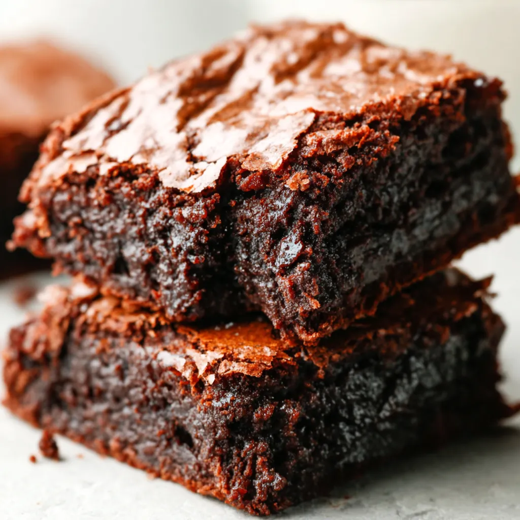 A stack of rich and fudgy Sourdough Discard Brownies topped with chocolate chips on a wooden serving board.