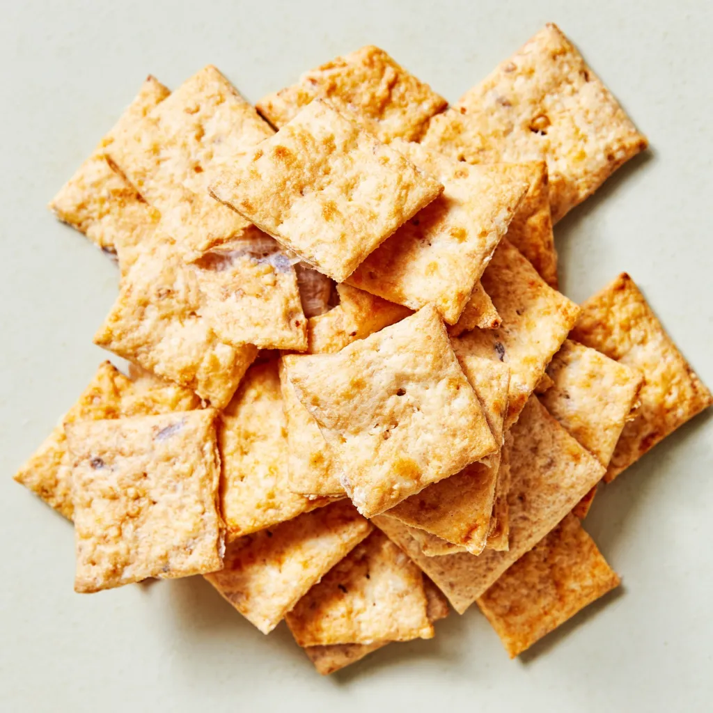Golden brown Herb Sourdough Crackers are elegantly displayed on a rustic wooden board with fresh herbs and sea salt.