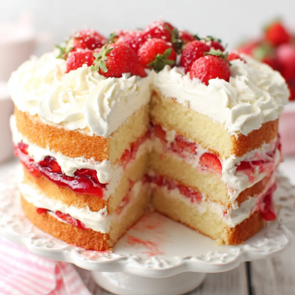 A beautifully layered Homemade Strawberry Shortcake Cake topped with fluffy whipped cream and fresh sliced strawberries.