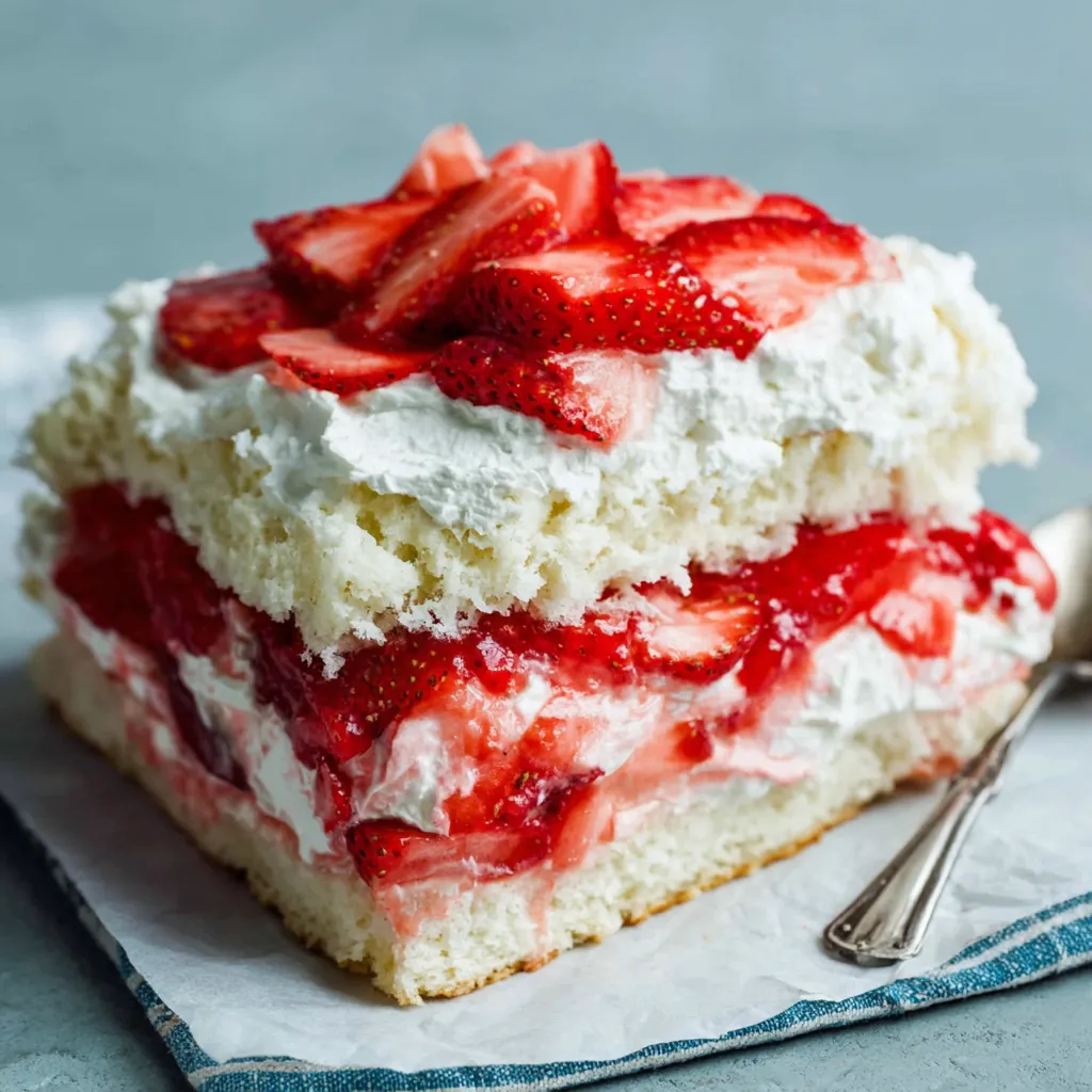 A beautifully layered Italian Strawberry Shortcake Cake decorated with fresh sliced strawberries and fluffy whipped cream.