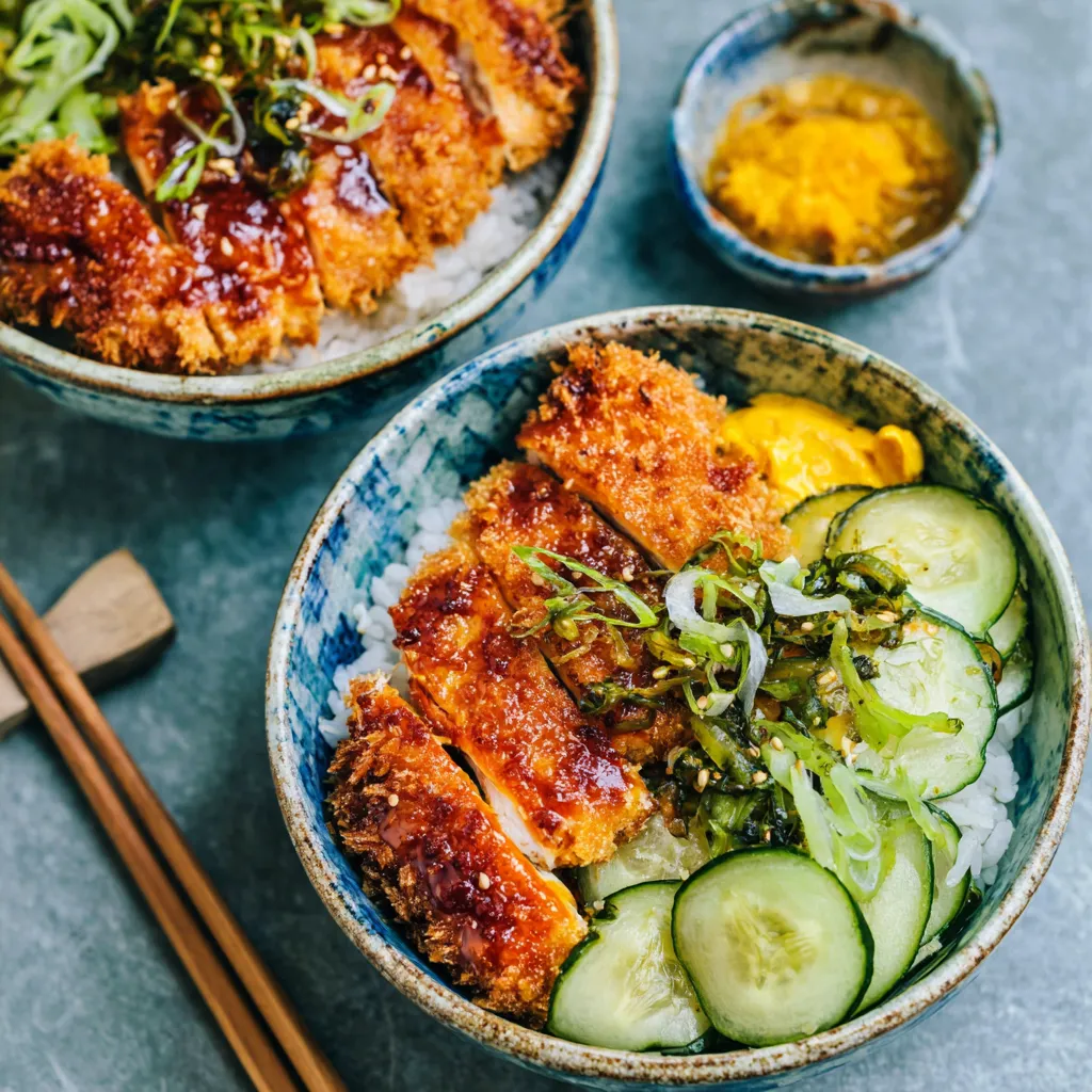 A delicious featured image of crispy golden-brown breaded cutlets served over steamed rice with fresh garnishes in authentic Japanese Katsu Bowls.