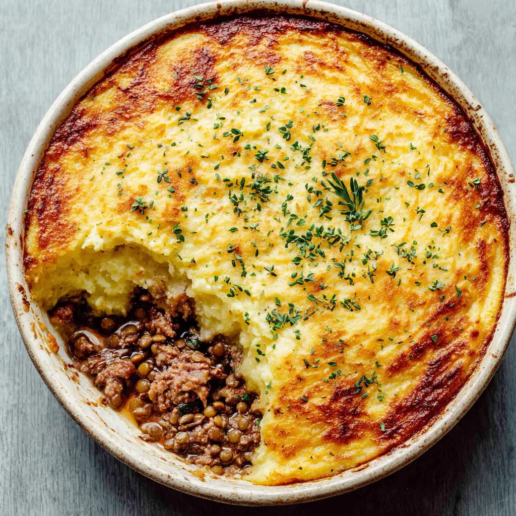 A hearty Lentil Shepherd's Pie topped with golden-brown mashed potatoes and fresh herbs is served in a ceramic baking dish.