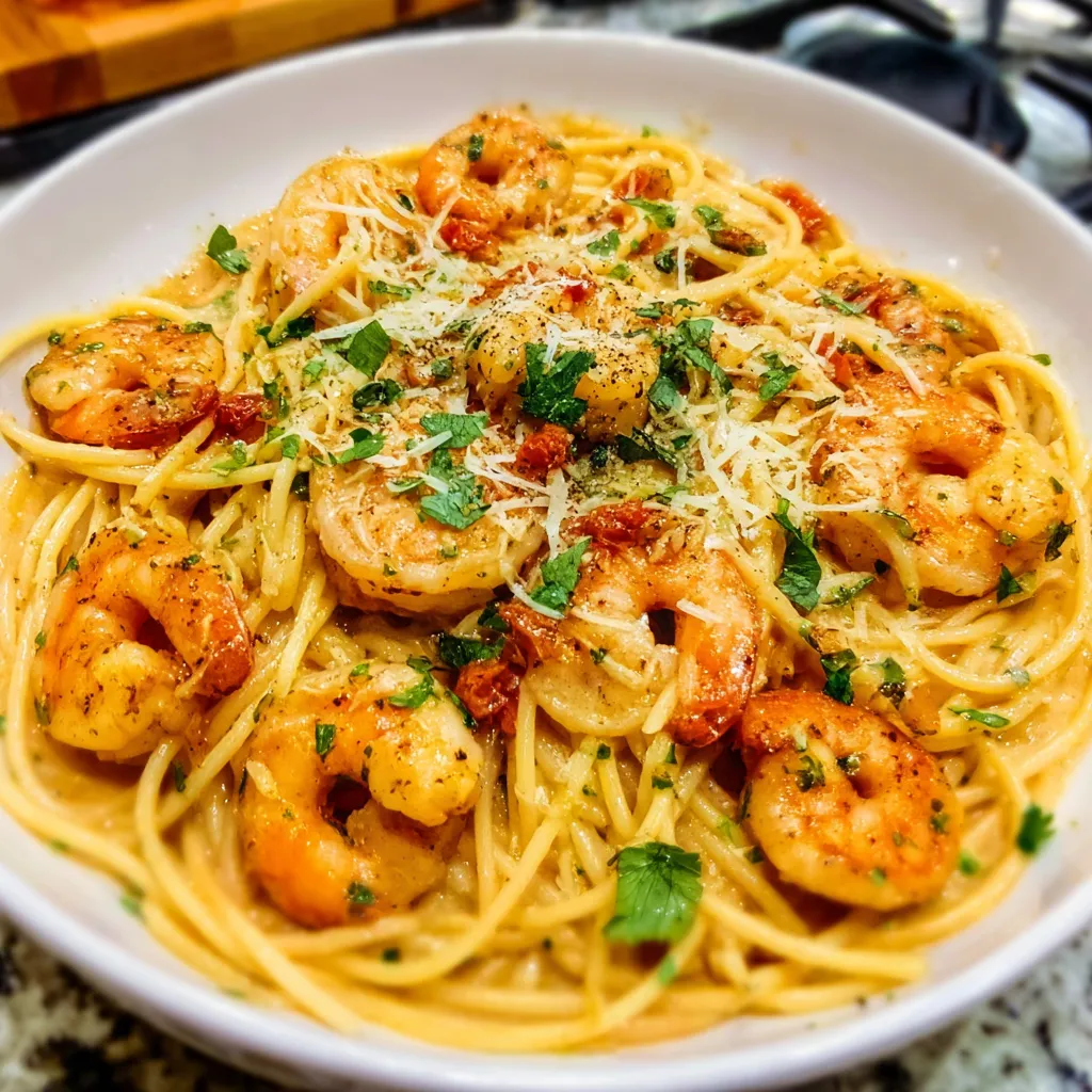 A beautifully plated serving of creamy Marry Me Shrimp Pasta garnished with fresh herbs and served in a white bowl.