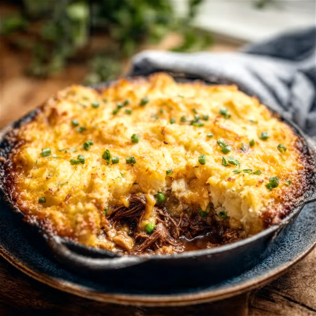 A savory Pot Roast Shepherd's Pie topped with golden-brown mashed potatoes and fresh herbs is served in a rustic skillet.