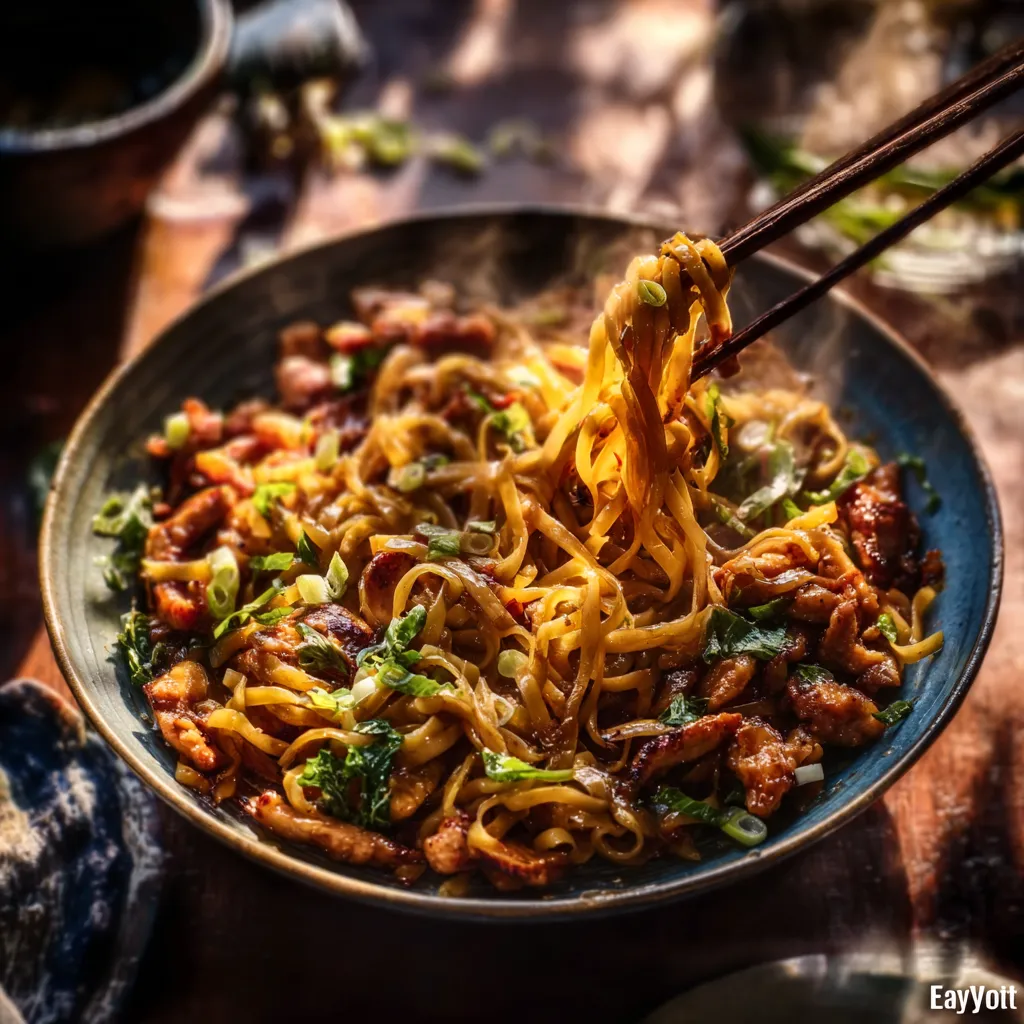 A close-up featured image of savory Sticky Garlic Chicken Noodles tossed in a glossy sauce and garnished with fresh green onions.