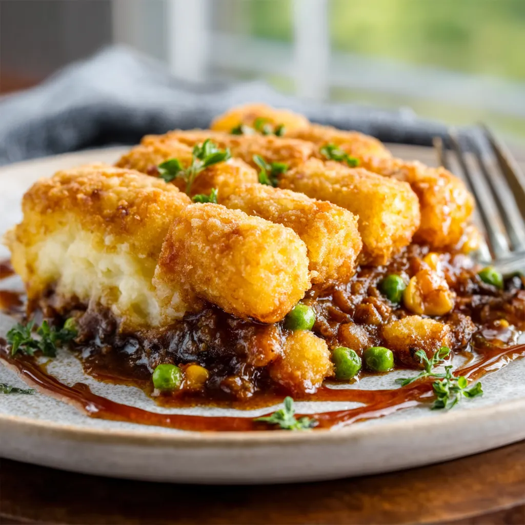A freshly baked Tater Tot Shepherd’s Pie Casserole features golden brown crispy tots layered over a savory meat and vegetable filling in a ceramic baking dish.