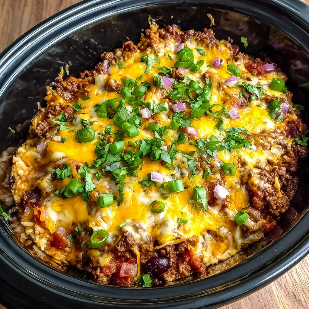 A delicious and golden-brown Cheesy Slow Cooker Taco Casserole Meal is served in a ceramic bowl, topped with a dollop of sour cream and fresh cilantro.