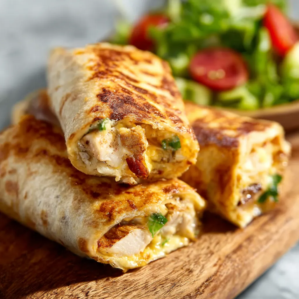 Cheesy Garlic Chicken Wraps are displayed as a tempting featured image, showcasing their golden-brown tortillas and cheesy filling.