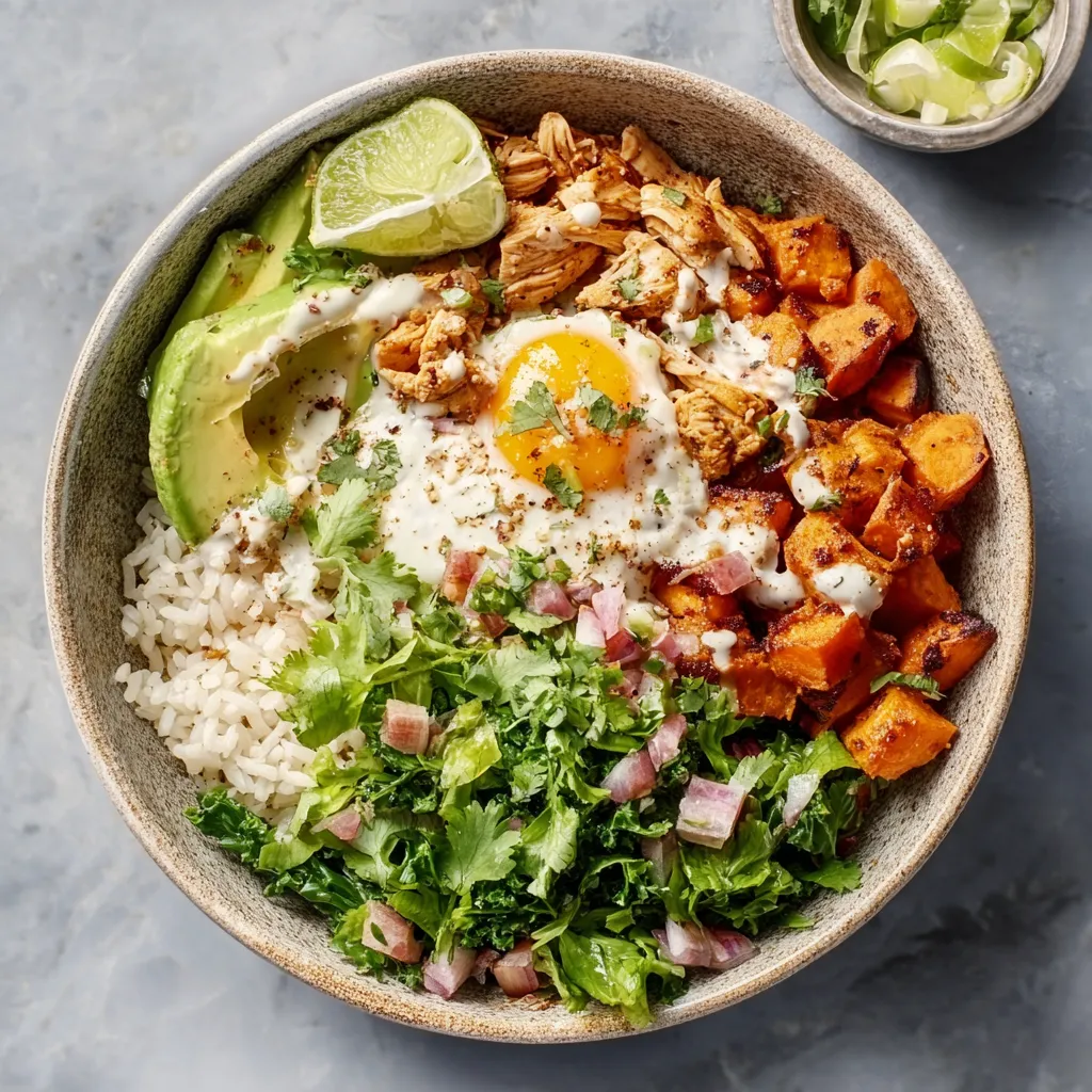 A vibrant Chicken And Sweet Potato Rice Bowl is shown as a featured image, showcasing healthy and delicious ingredients.