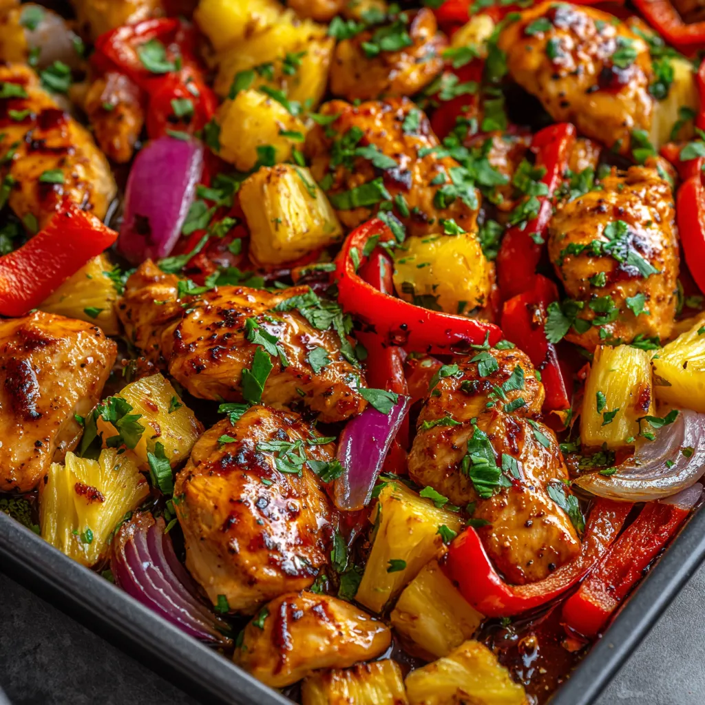 A golden brown Hawaiian Chicken Sheet Pan dinner with juicy chicken, pineapple chunks, and colorful bell peppers roasted on a single baking sheet.