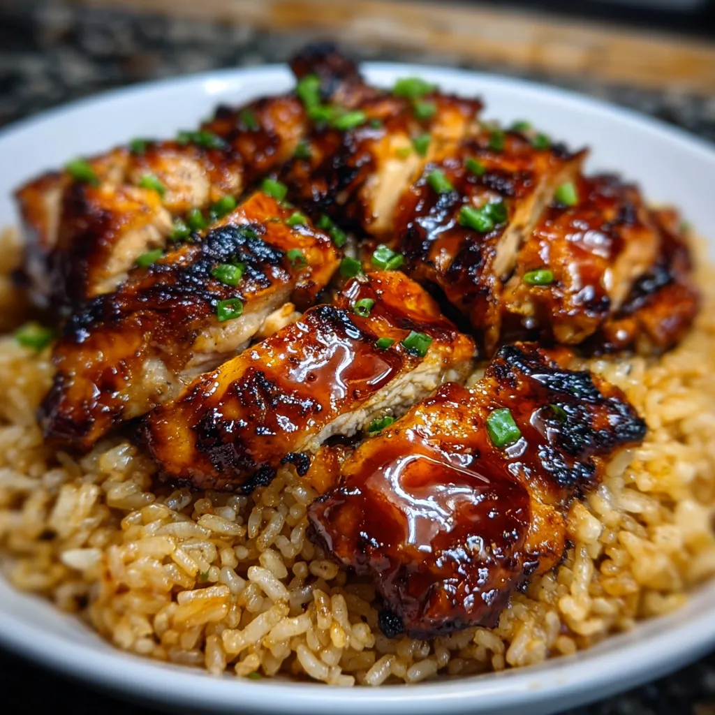 A delicious Honey BBQ Chicken Rice Skillet served in a large pan and garnished with fresh parsley.