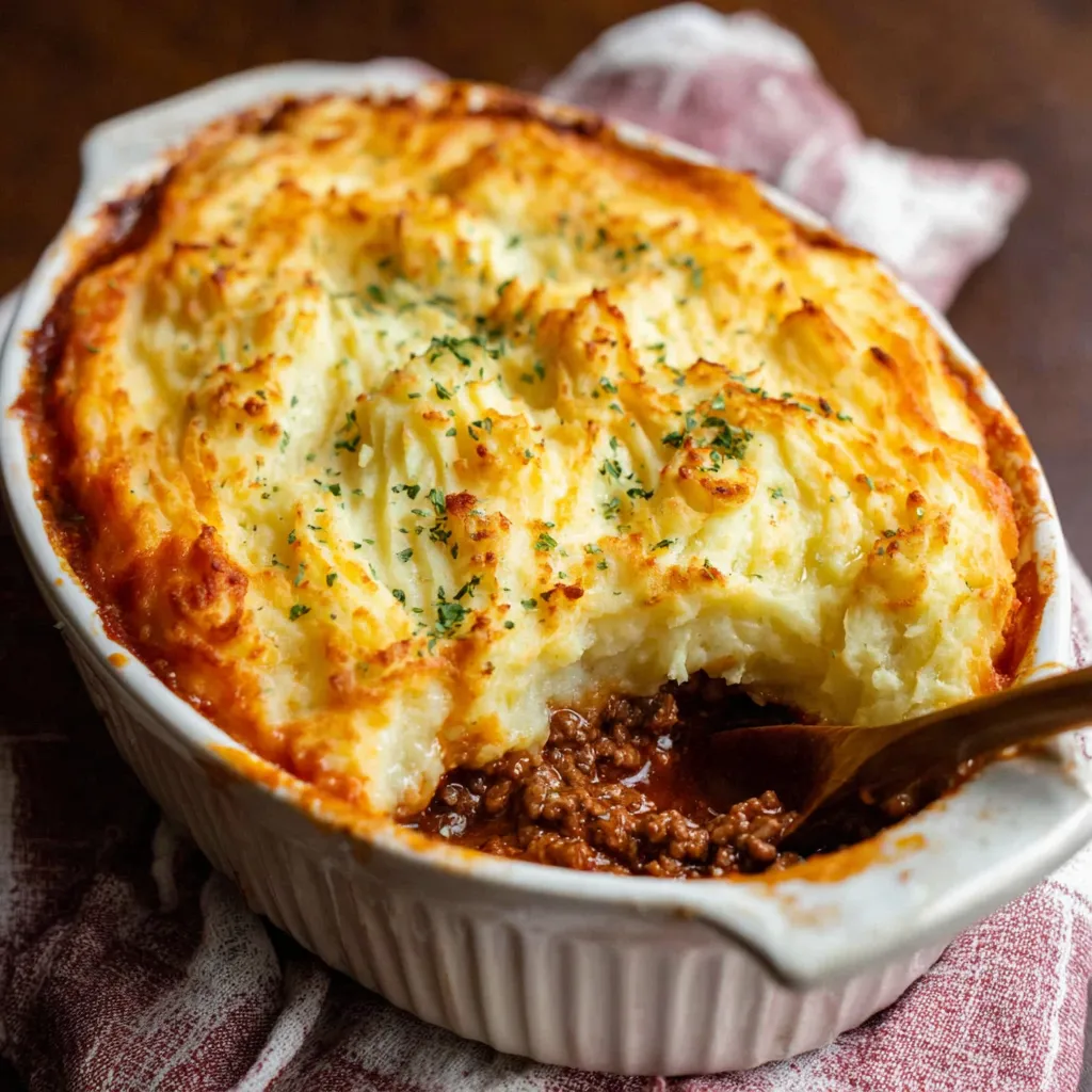 A featured image of a savory Instant Pot Shepherd's Pie topped with creamy mashed potatoes and fresh herbs in a serving dish.