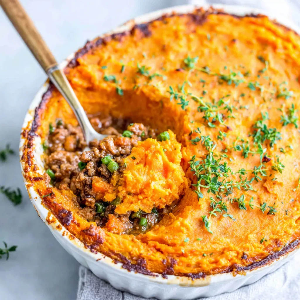 A hearty Sweet Potato Shepherd’s Pie features a savory meat and vegetable filling topped with a layer of creamy mashed sweet potatoes and fresh herbs in a ceramic baking dish.