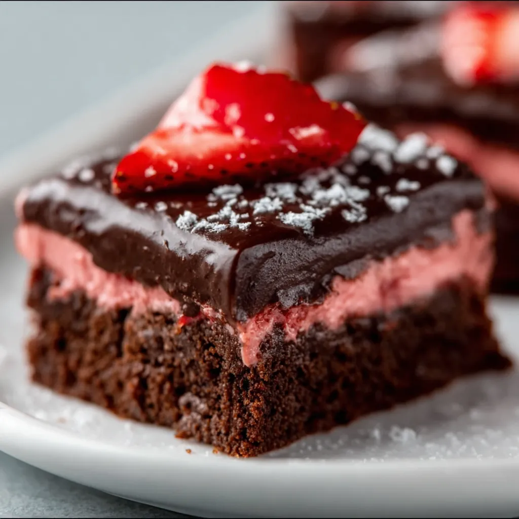 Fudgy Chocolate Covered Strawberry Brownies sit arranged beautifully, showcasing their decadent chocolate frosting and fresh strawberries.