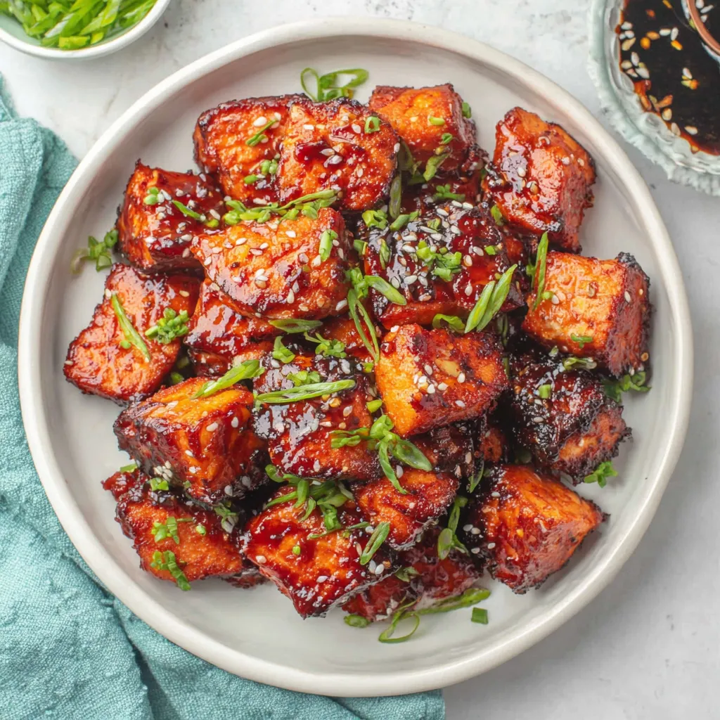 Honey Garlic Salmon Bites, glazed and ready to eat, are displayed as the featured image for this delicious recipe.