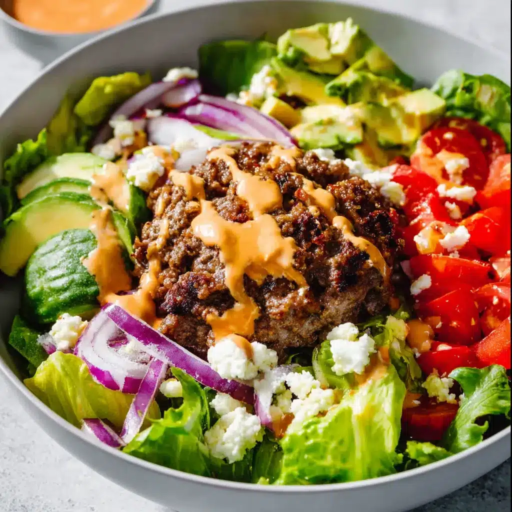Low Carb Loaded Burger Bowls with Sauce are displayed as a tempting featured image, showcasing a healthy and delicious meal.