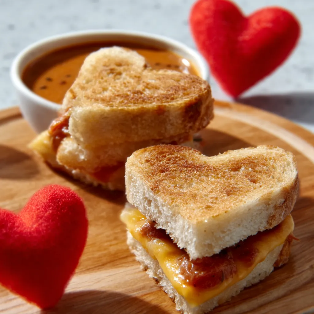 A close-up shows adorable Mini Grilled Cheese Hearts, perfect for a Valentine's Day treat or a fun snack.