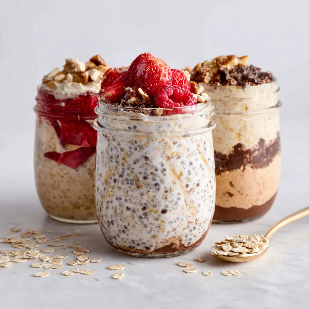 Creamy Overnight Oats in a glass jar, ready to eat for a healthy breakfast.