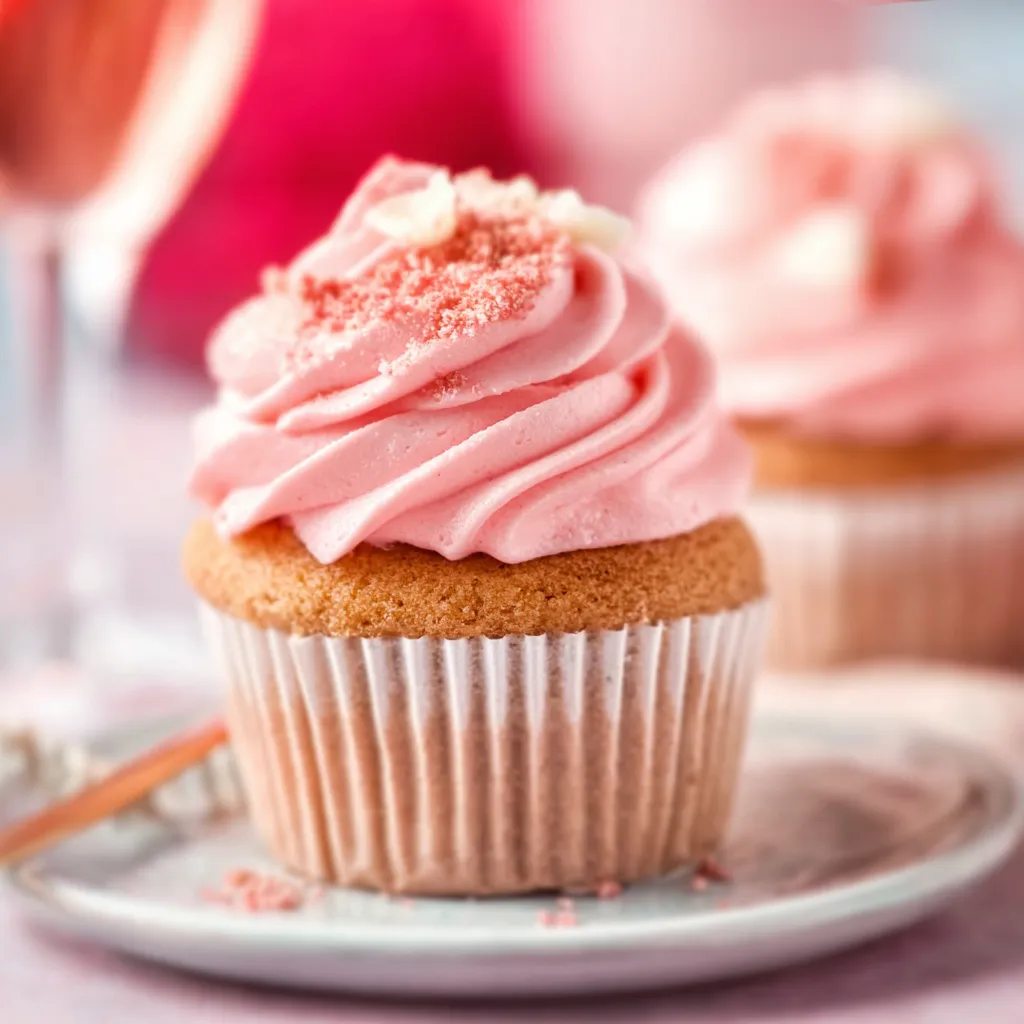 A close-up featured image showcases delicious Pink Champagne Cupcakes with pink frosting and sprinkles.