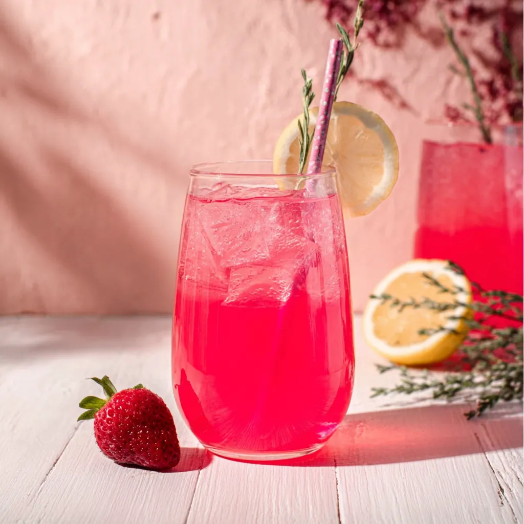 A glass pitcher and punch bowl filled with festive Pink Lemonade Valentine Punch garnished with raspberries and lemon slices.