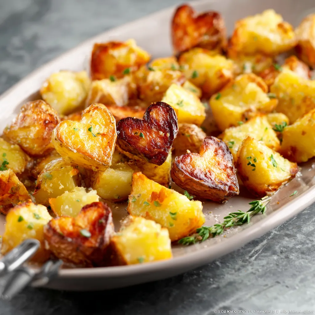 A close-up shows delicious Roasted Heart Potatoes, golden brown and ready to eat.