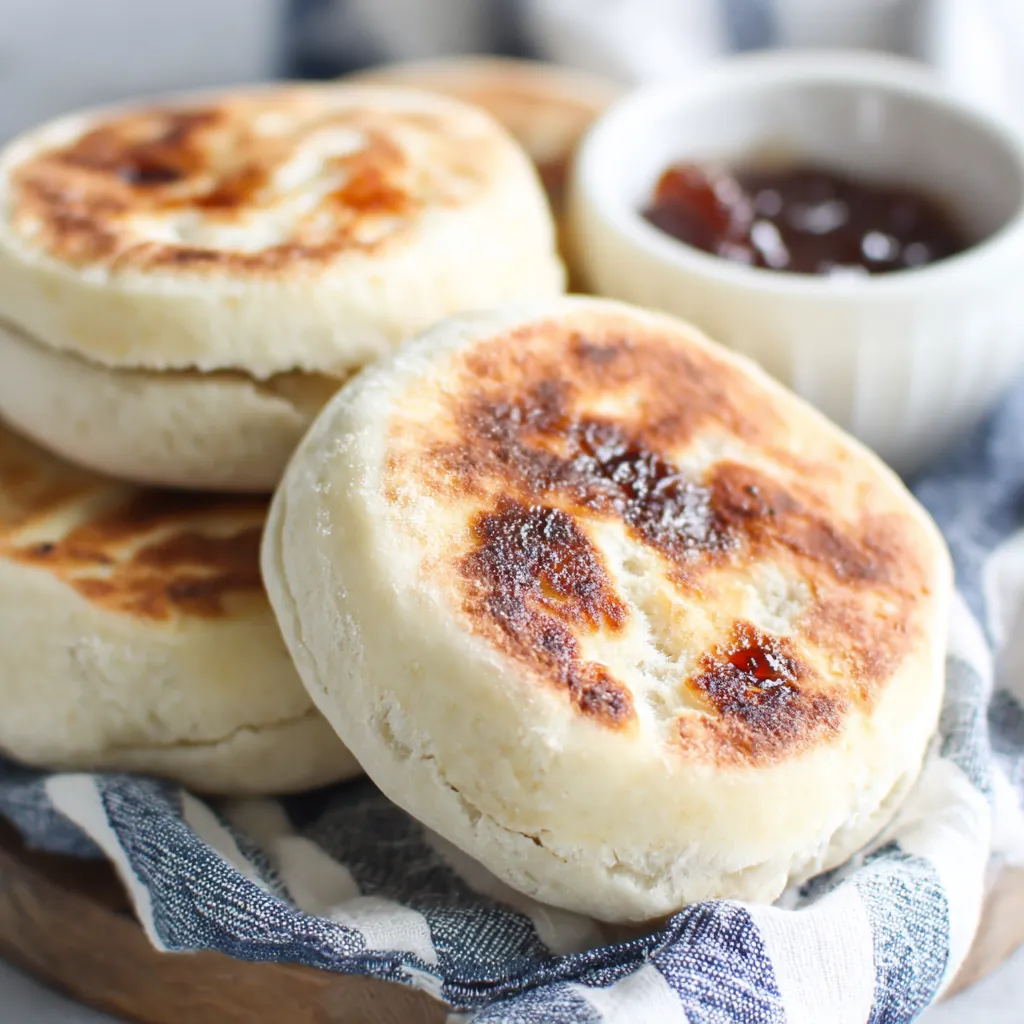 A stack of freshly baked Sourdough Discard English Muffins sits on a kitchen counter, highlighting their golden-brown crust and airy texture.
