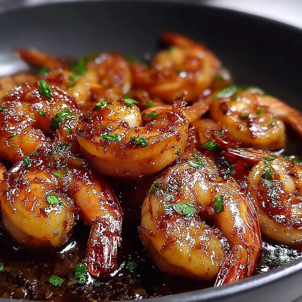 A close-up, featured image of glazed Honey Garlic Shrimp served over a bed of white rice.