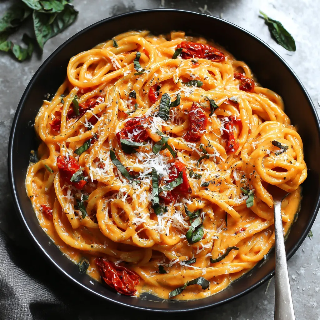Overhead view of a vibrant plate of creamy Roasted Red Pepper Pasta garnished with fresh basil.