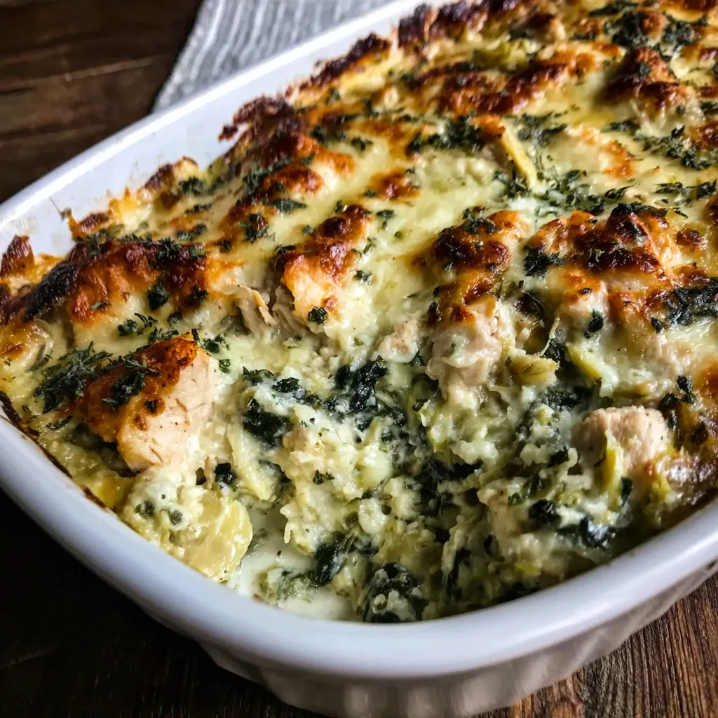 Spinach Artichoke Chicken Casserole featured image showcasing a creamy, bubbly baked dish.