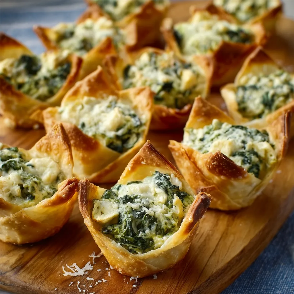 Featured image of golden-brown Spinach & Artichoke Wonton Cups ready to be served.