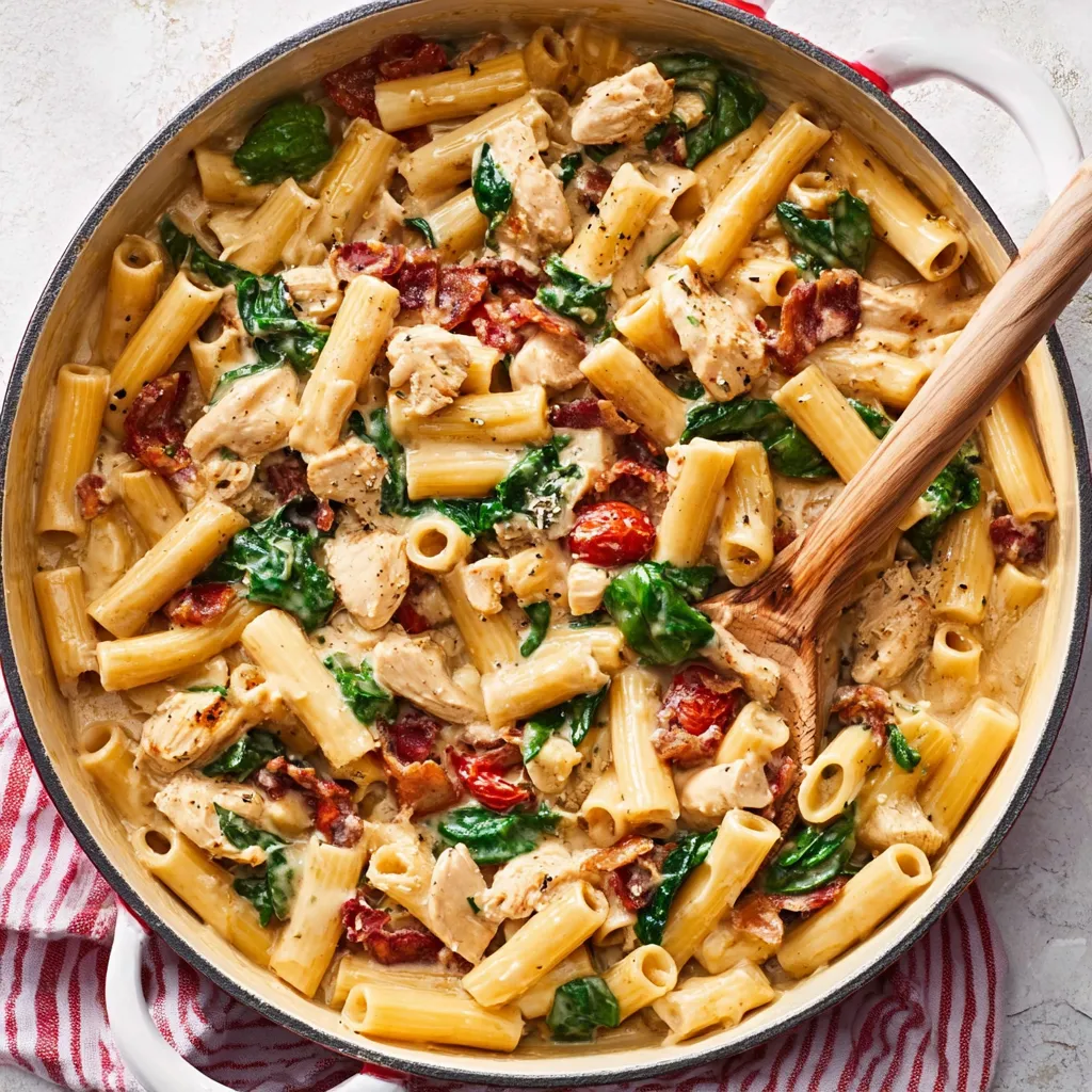 Overhead view of creamy Tuscan Chicken Pasta with sun-dried tomatoes and spinach.