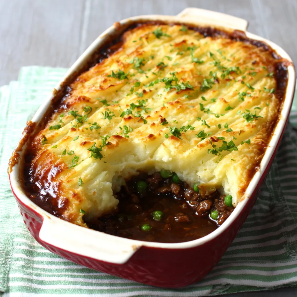 A hearty Guinness Shepherds Pie topped with golden-brown mashed potatoes and fresh parsley served in a rustic skillet.