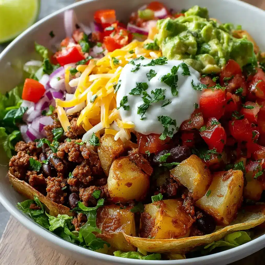 A vibrant Potato Taco Bowl featuring seasoned potatoes, fresh toppings, and a creamy sauce is shown as the article's featured image.