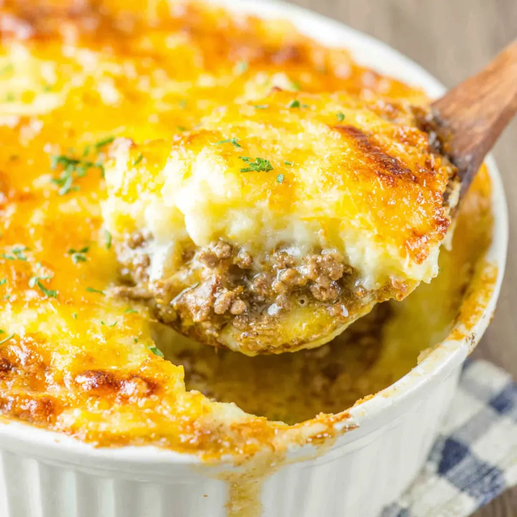 A golden-brown Shepherd's Pie topped with creamy mashed potatoes served in a rustic ceramic dish.