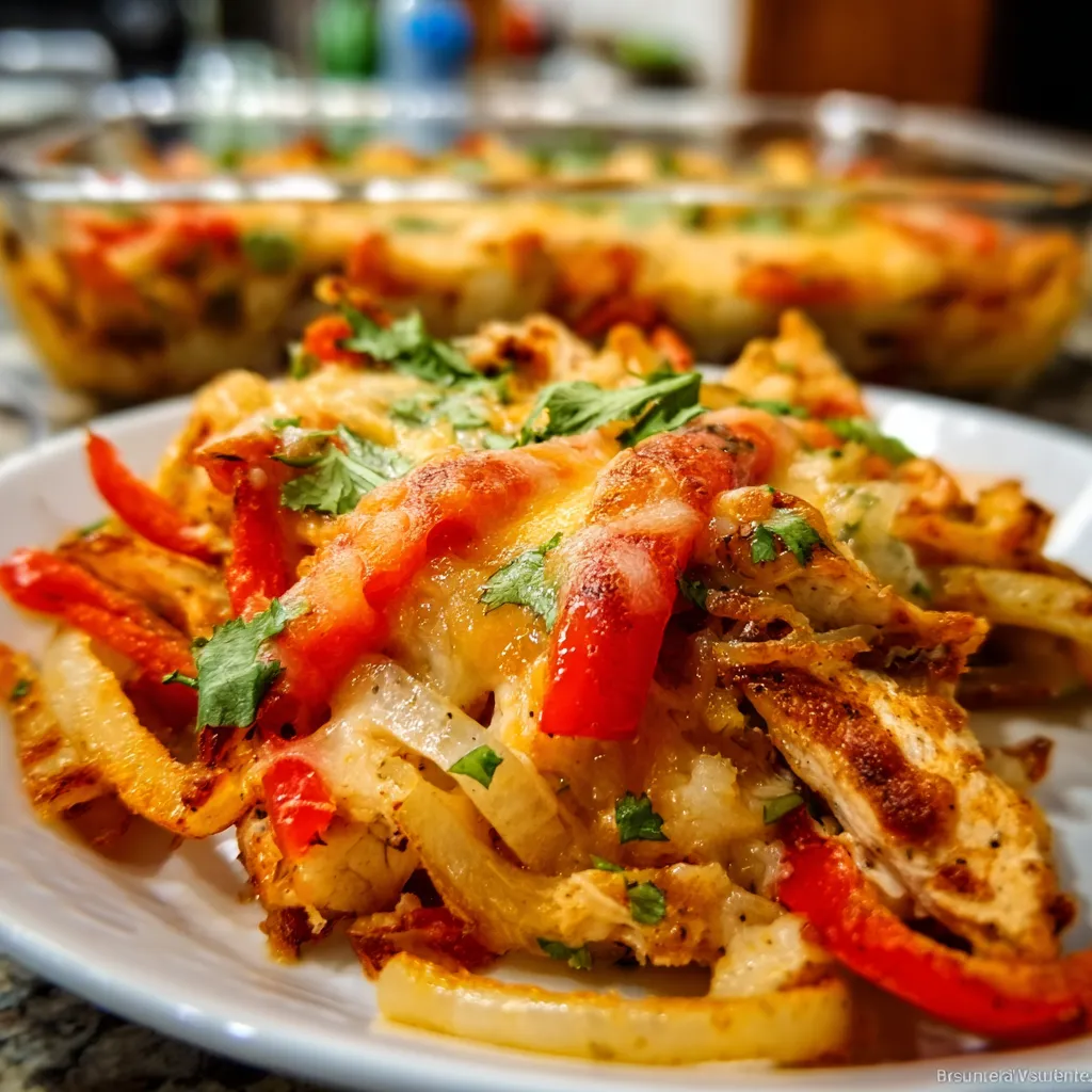 A delicious Low Carb Fajita Chicken Casserole topped with melted cheese and colorful bell peppers sits in a baking dish.