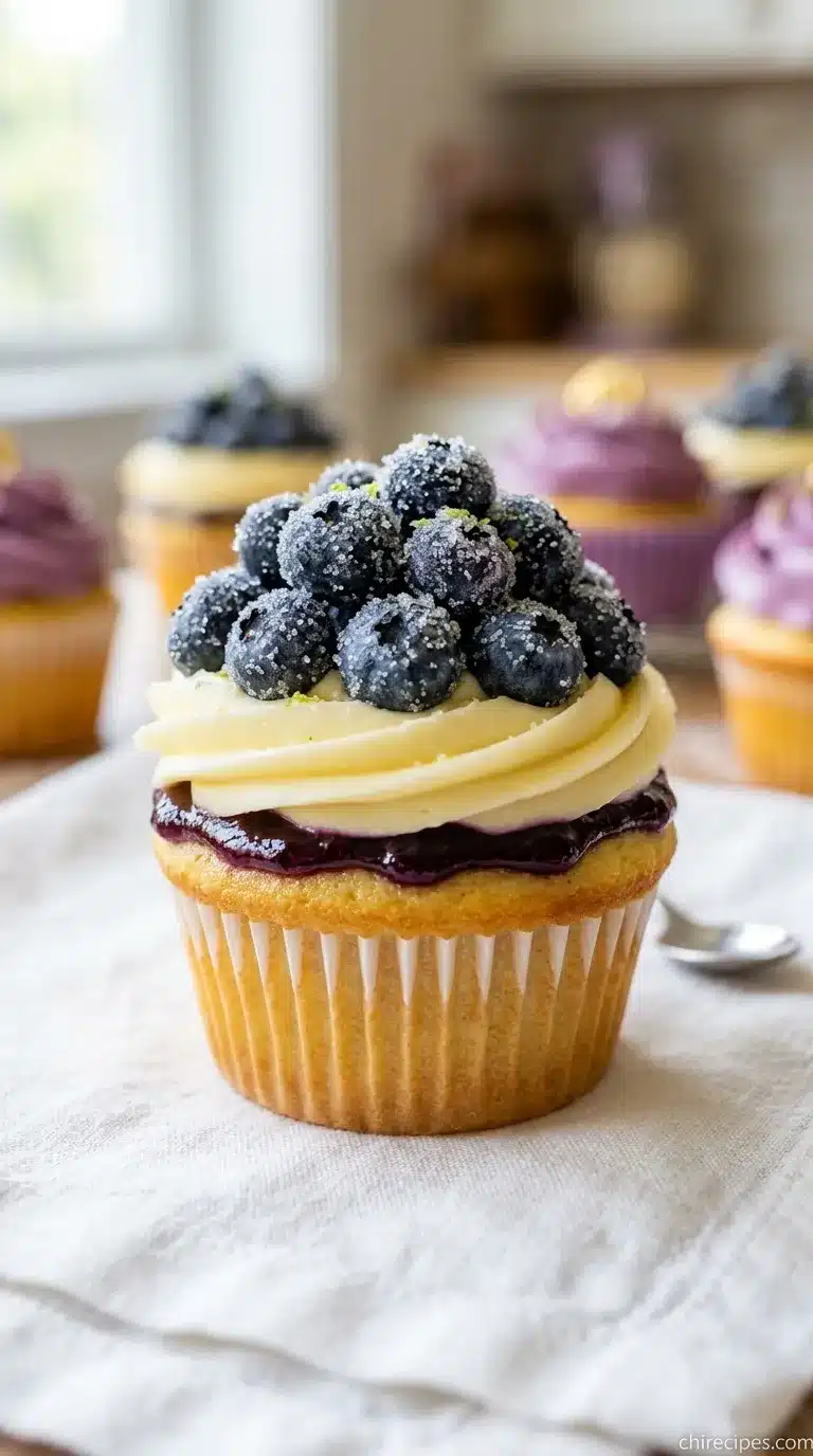 A close-up of Blueberry Cheesecake Burst Cupcakes with a creamy cheesecake filling and a vibrant blueberry swirl on top.
