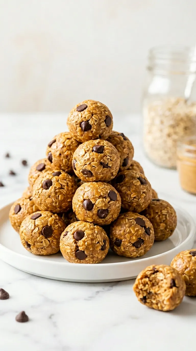 A small bowl of homemade Chocolate Peanut Butter Protein Balls, with a few oats and chocolate chips scattered nearby.