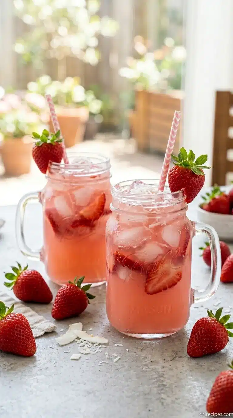 A tall, chilled glass of a pink Coconut Strawberry Refresher with ice, garnished with a fresh strawberry.