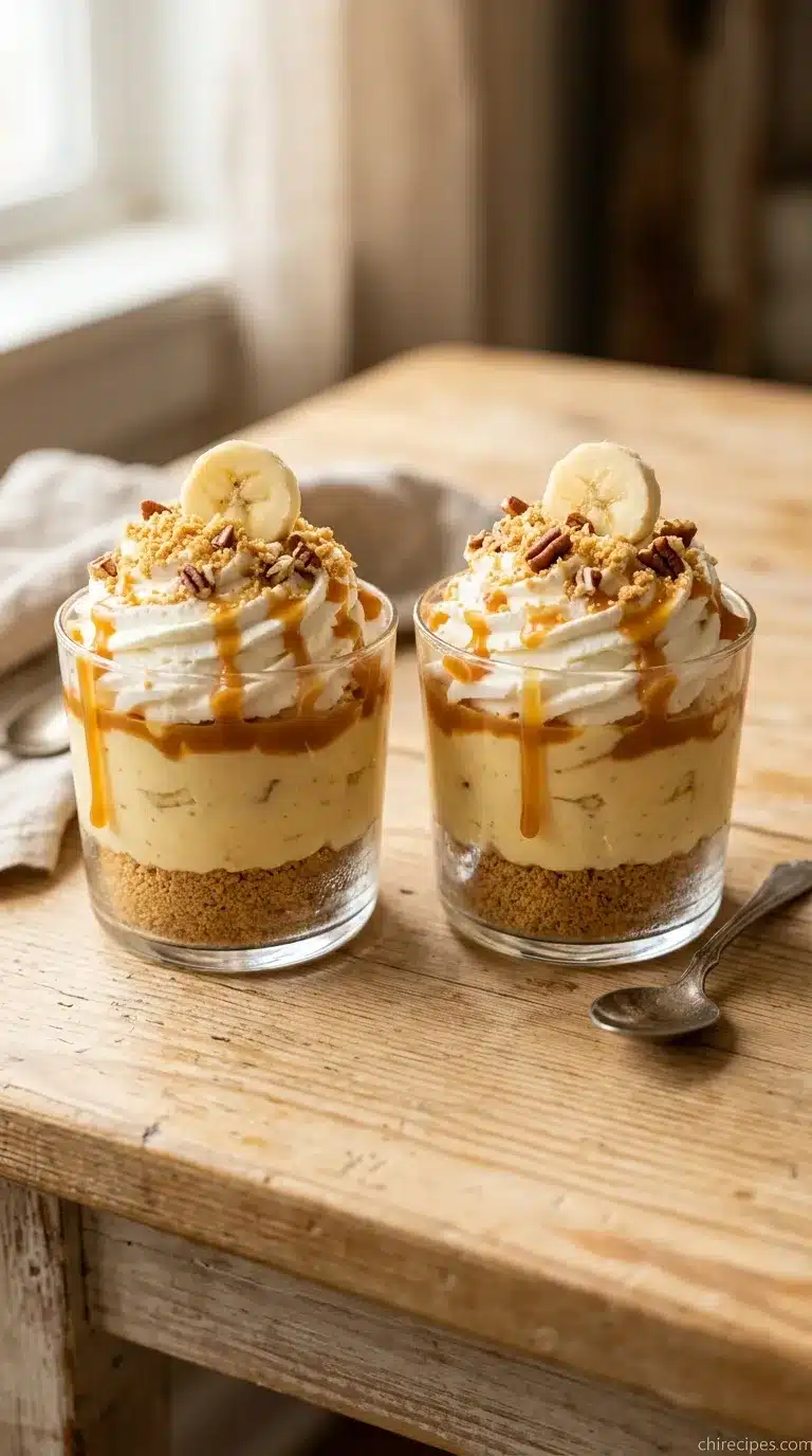 A layered Banana Caramel Cream Dessert in a glass, topped with whipped cream and a caramel drizzle.