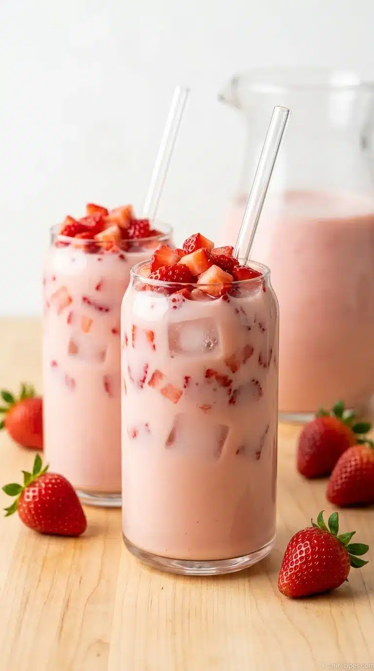 A tall, refreshing glass of Creamy Strawberry Agua Fresca garnished with a fresh strawberry and mint leaf.