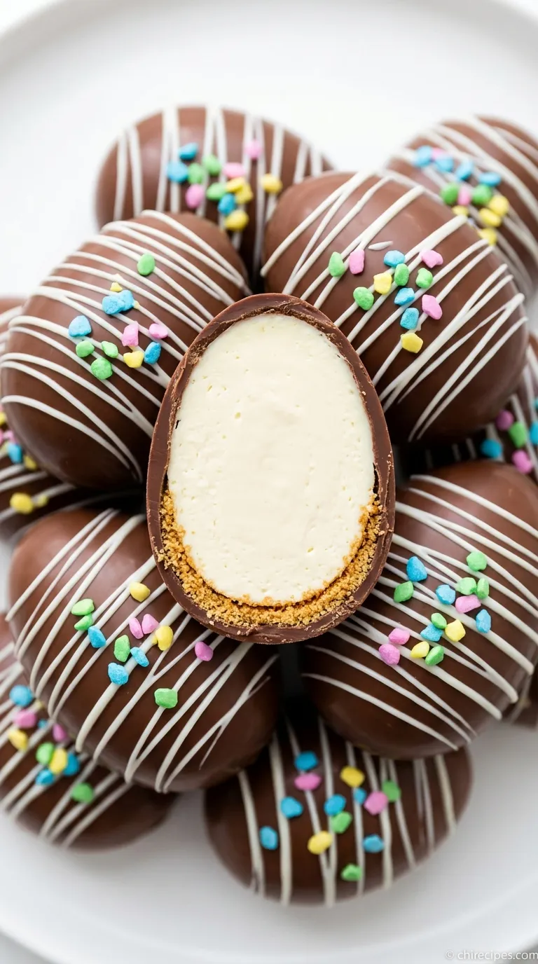 A creamy No Bake Easter Egg Cheesecake on a biscuit base, topped with colorful mini chocolate Easter eggs.
