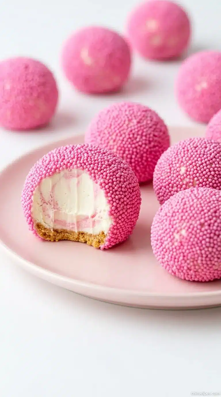A plate of colorful pink and blue Cotton Candy Cheesecake Bombs, decorated with sparkly sprinkles.