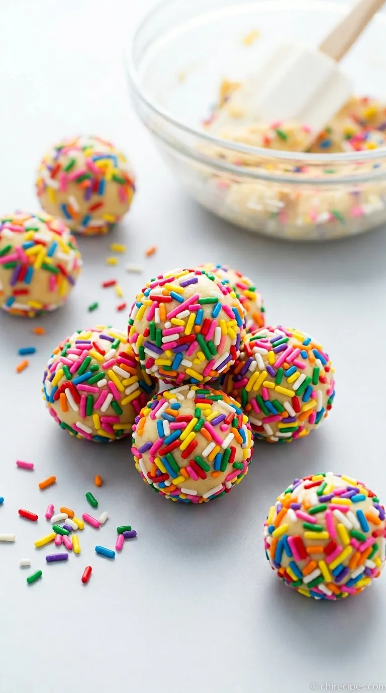 A plate of homemade Birthday Cake Batter Protein Balls covered in colorful rainbow sprinkles.