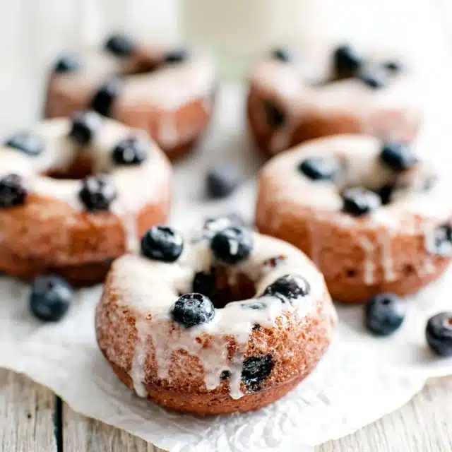 A stack of freshly baked glazed blueberry cake donuts on a white plate, with a shiny glaze and bursting with fresh blueberries.